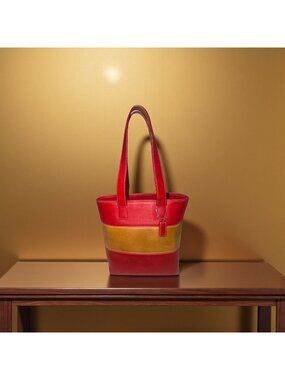 VTG Coach Legacy Rugby Stripe Colorblock Tote 9348 Red Tan Leather 90s + Hangtag